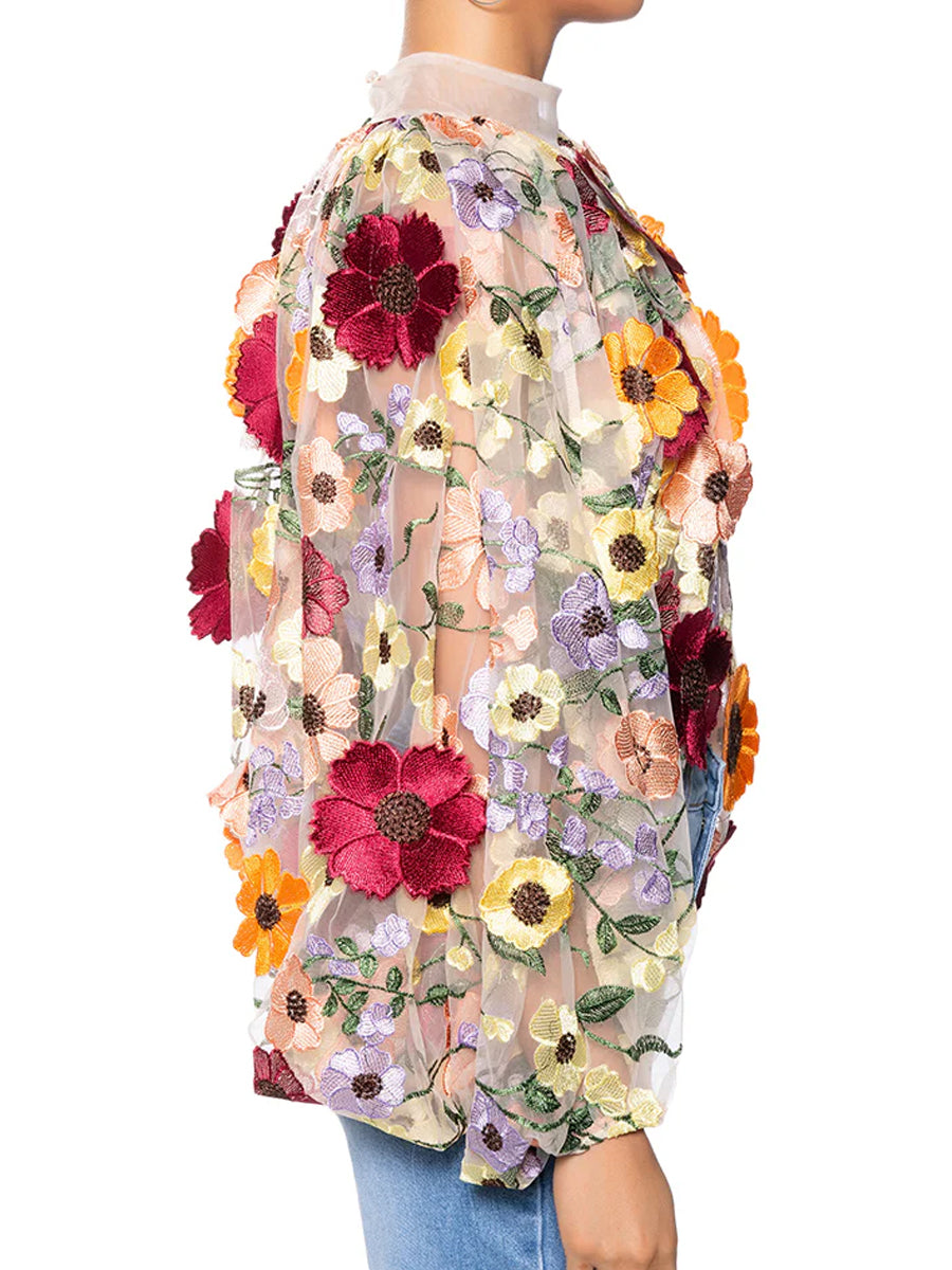 3D Flower Mock Neck Blouse