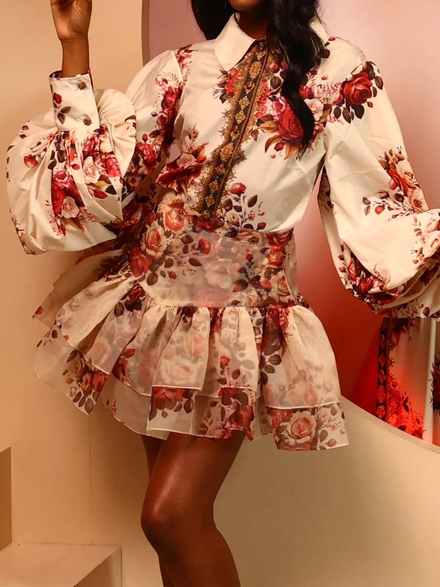 Floral Print Flouced Two Pieces Dress