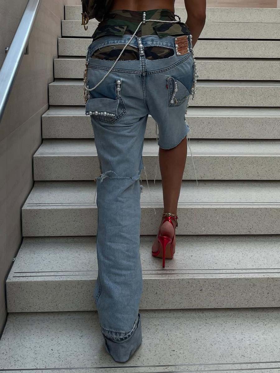 Asymmetric Camouflage Patchwork Ripped Jeans