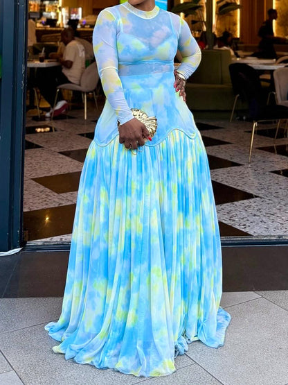 See-through Printed Patchwork Maxi Dress