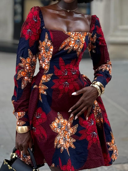 Square Collar Printed Mini Dress