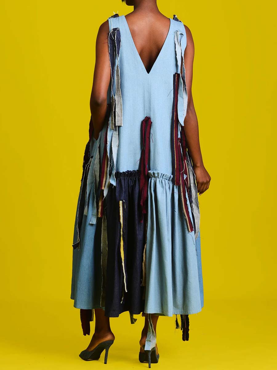 Patchwork Fringed Denim Maxi Dress