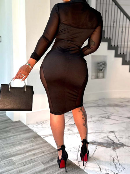 Deep V Neck Mesh Patchwork Stretch Dress