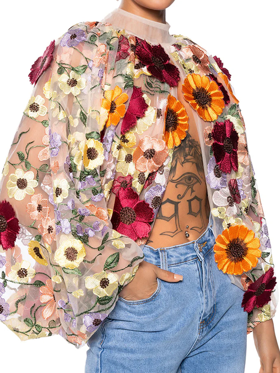 3D Flower Mock Neck Blouse