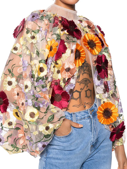 3D Flower Mock Neck Blouse