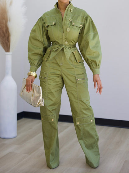 Fashion Pockets Zip Up Belted Jumpsuit