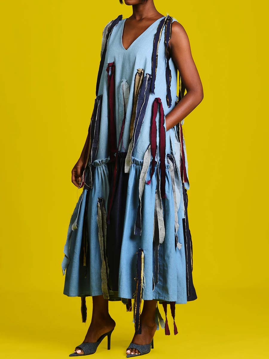 Patchwork Fringed Denim Maxi Dress