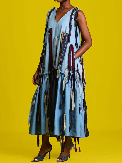 Patchwork Fringed Denim Maxi Dress