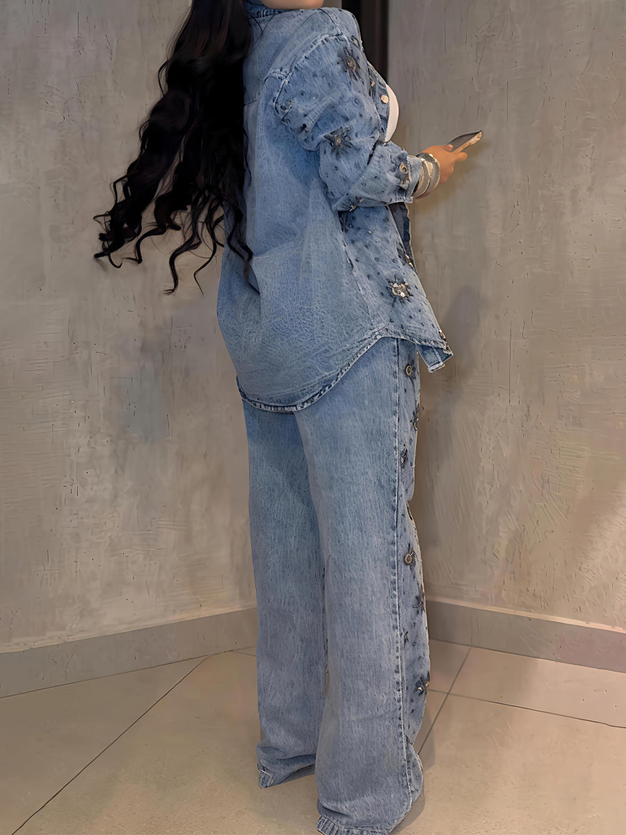 Rhinestone Sparkle Flower Print Denim Two Pieces Set