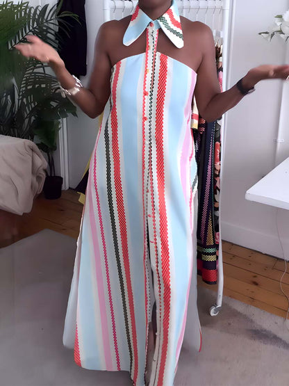 Striped Print Cold Shoulder Dress