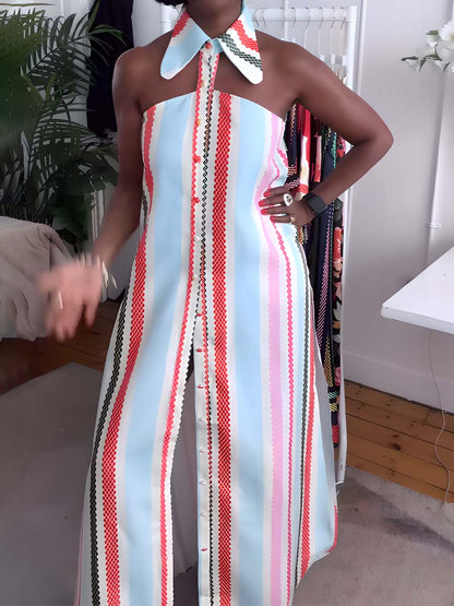 Striped Print Cold Shoulder Dress