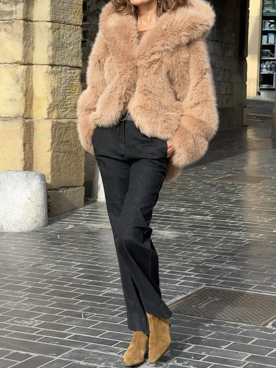 Hooded Collar Faux Fox Fur Coat