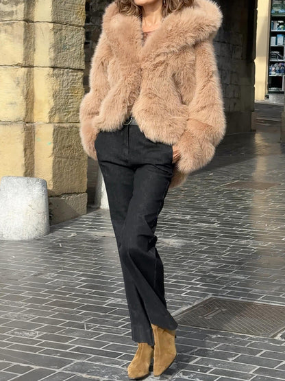 Hooded Collar Faux Fox Fur Coat