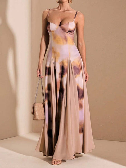 V-neck Printed Sling Maxi Dress