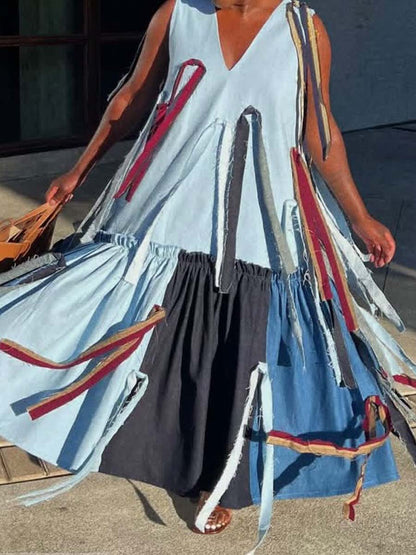 Patchwork Fringed Denim Maxi Dress