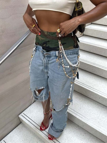 Asymmetric Camouflage Patchwork Ripped Jeans