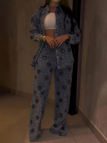Rhinestone Sparkle Flower Print Denim Two Pieces Set