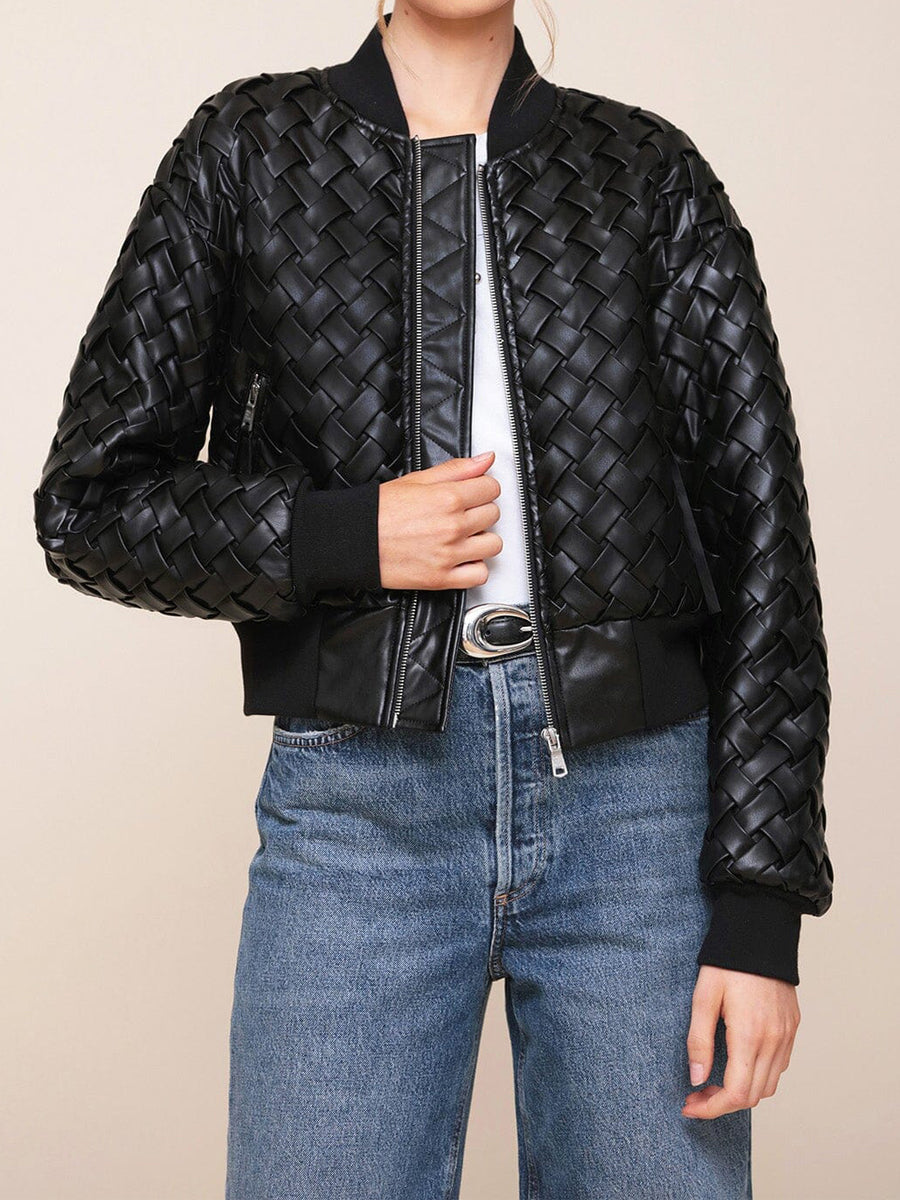 Weave Faux Leather Bomber Jacket