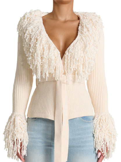 Fringe Tie Waist Knitted Cardigan