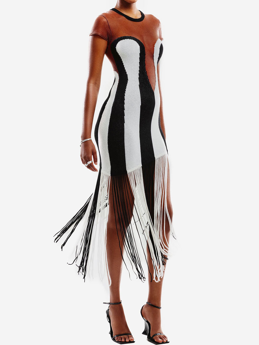 Striped Print Tassel Hem See-through Dress
