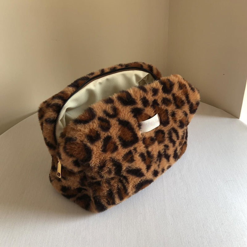 Plush Leopard Print Pencil Case Cosmetic Bag Travel Large Capacity Storage Bag