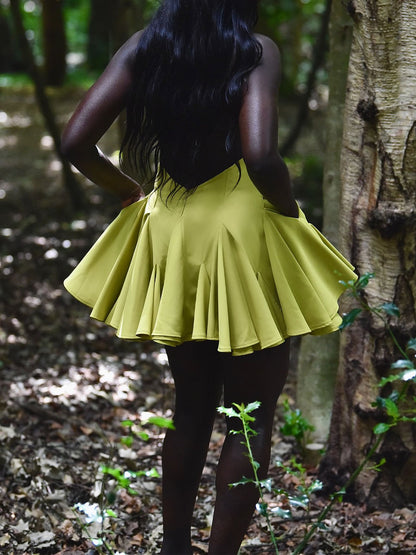 Peak Collar Open Back Ruffle Hem Dress