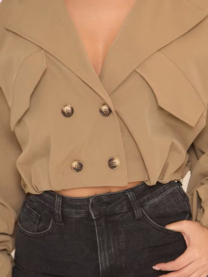 Cinched Waist Long Sleeve Cropped Trench Coat