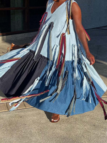Patchwork Fringed Denim Maxi Dress