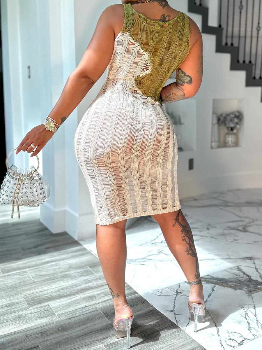 Sexy Sleeveless Knitted Color Block Dress