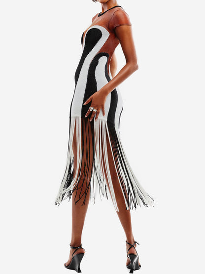 Striped Print Tassel Hem See-through Dress