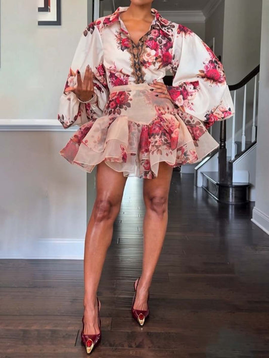 Floral Print Flouced Two Pieces Dress