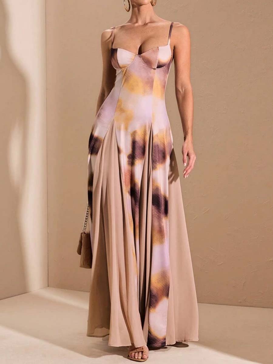 V-neck Printed Sling Maxi Dress