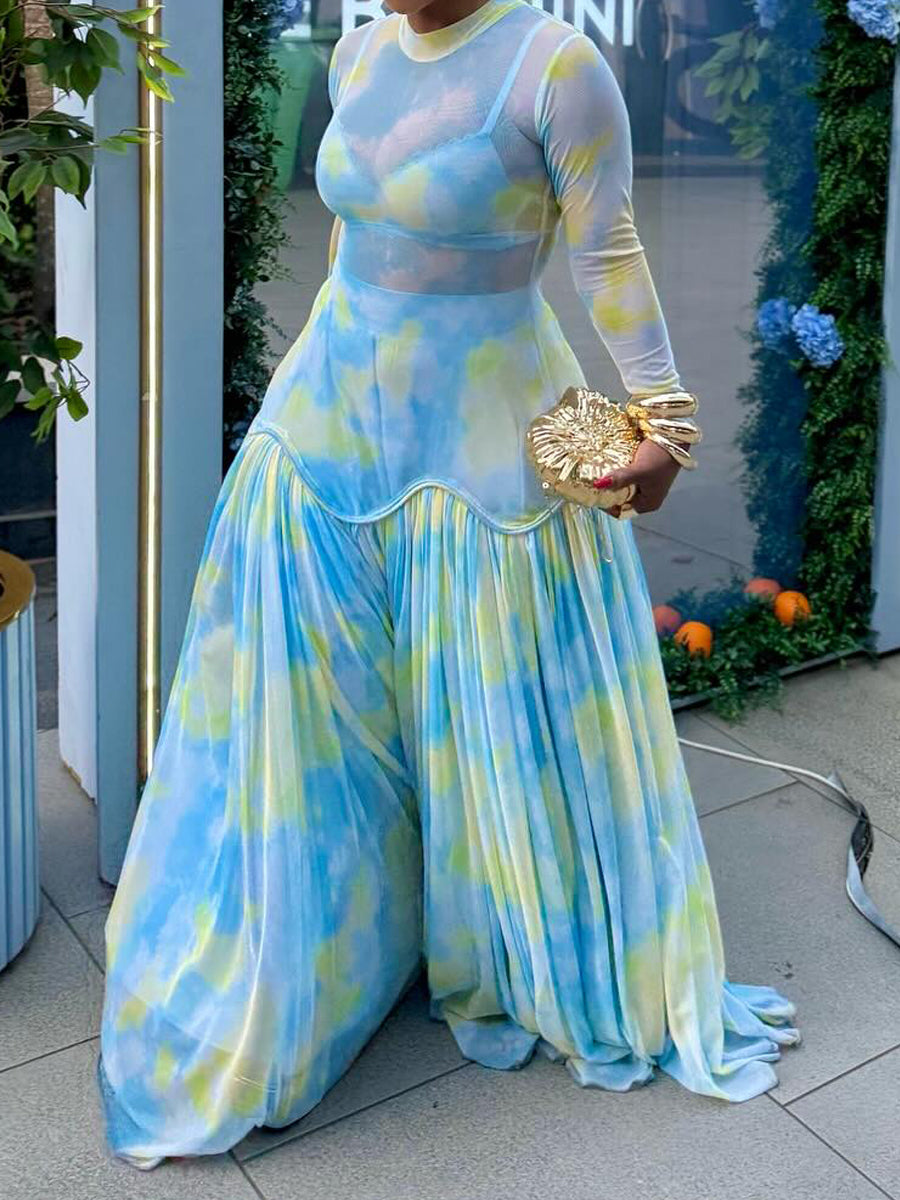 See-through Printed Patchwork Maxi Dress