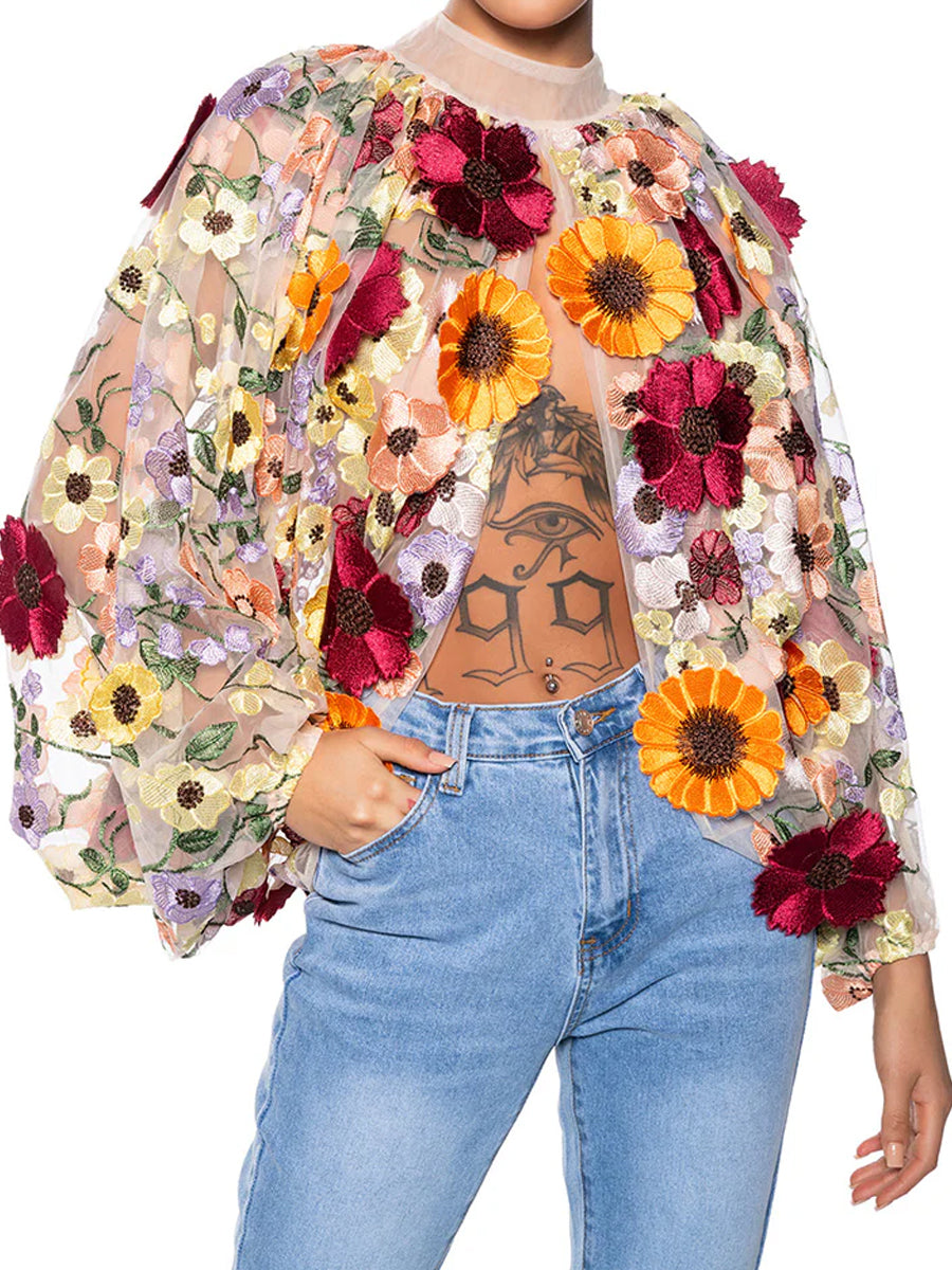 3D Flower Mock Neck Blouse
