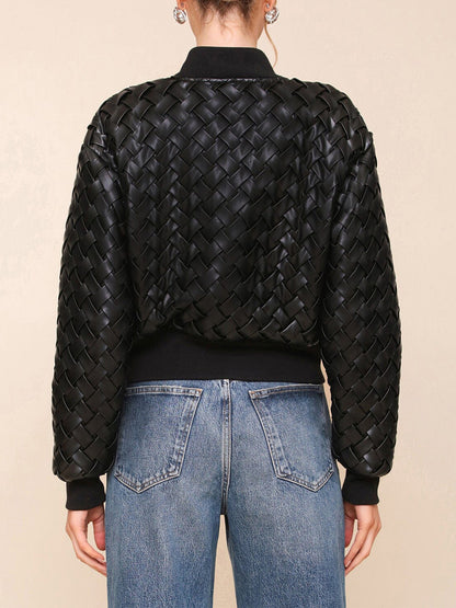 Weave Faux Leather Bomber Jacket