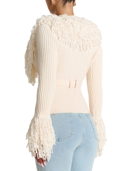 Fringe Tie Waist Knitted Cardigan