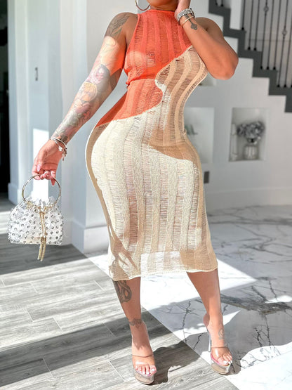 Sexy Sleeveless Knitted Color Block Dress