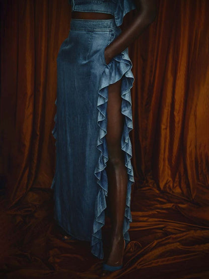 Denim Ruffled Off Shoulder Two Pieces Dress