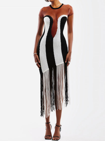 Striped Print Tassel Hem See-through Dress