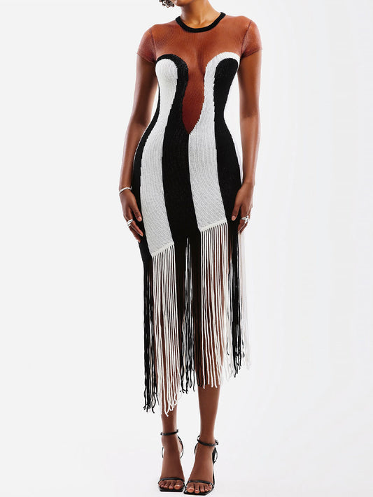 Striped Print Tassel Hem See-through Dress