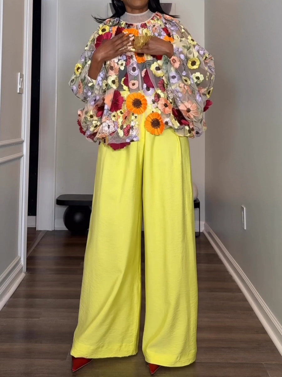 3D Flower Mock Neck Blouse