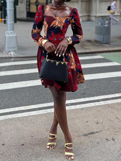 Square Collar Printed Mini Dress