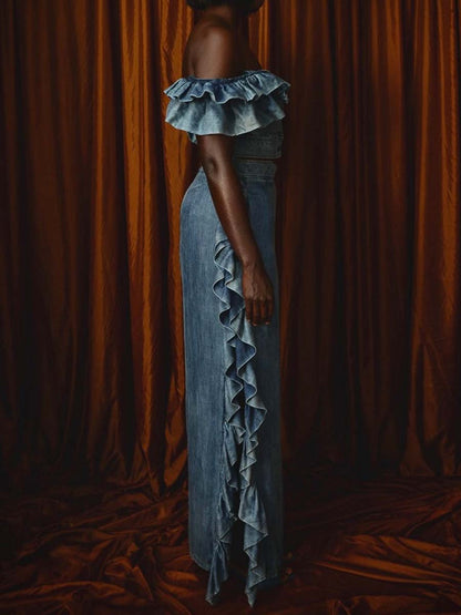 Denim Ruffled Off Shoulder Two Pieces Dress