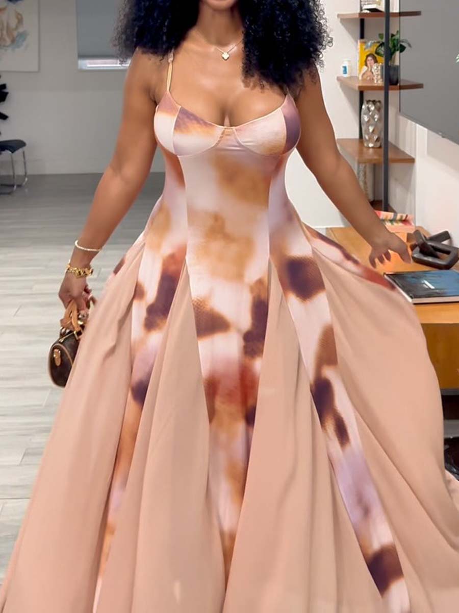 V-neck Printed Sling Maxi Dress