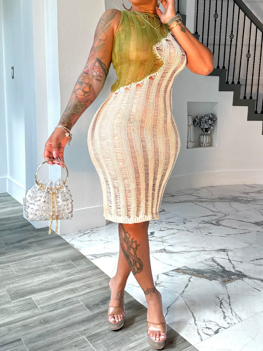 Sexy Sleeveless Knitted Color Block Dress