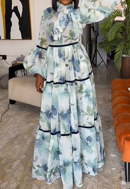 Lantern Sleeve Lace-Up Printed Dress