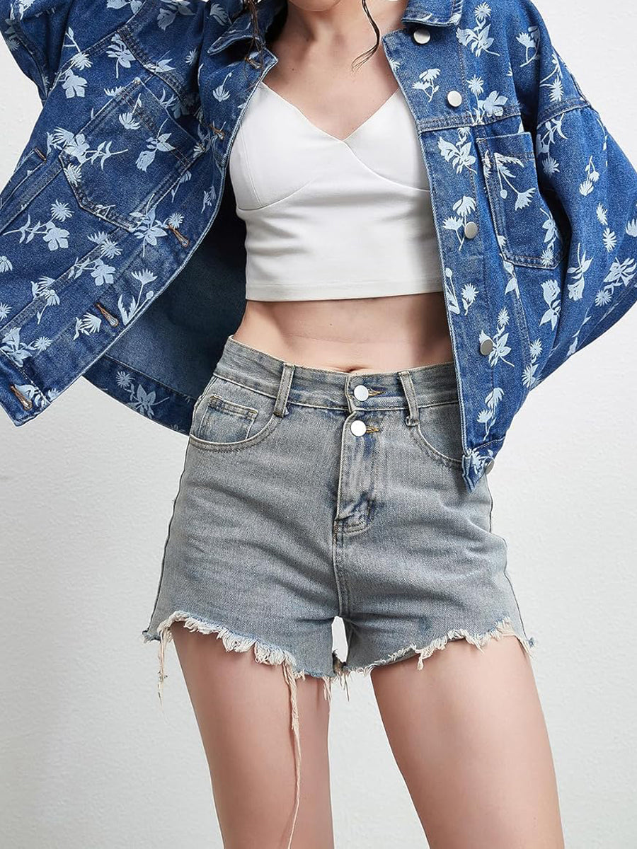 Printed Oversized Button Down Denim Jacket