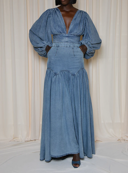 Puff-Sleeve Top + Stretch Denim Long Skirt