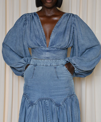 Puff-Sleeve Top + Stretch Denim Long Skirt