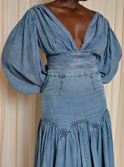 Puff-Sleeve Top + Stretch Denim Long Skirt